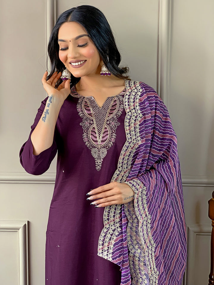 Purple Color Viscose Silk Kurti Embroidery With Pant And Dupatta Set
