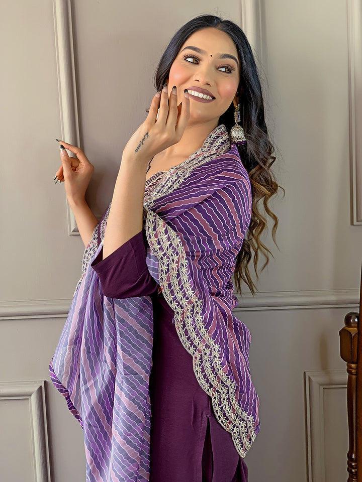 Purple Color Viscose Silk Kurti Embroidery With Pant And Dupatta Set
