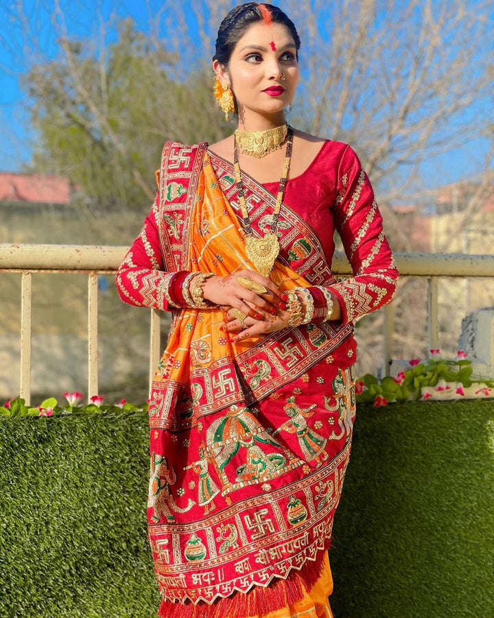 Orange Yellow Maroon Colour Sakshi Singh Embroiderd Panter Patola Saree For Special Occasion