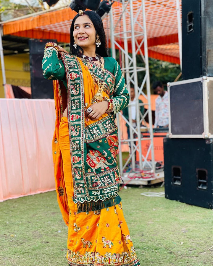 Orange Yellow Green Colour Komal Soni Embroiderd Panter Patola Saree For Special Occasion