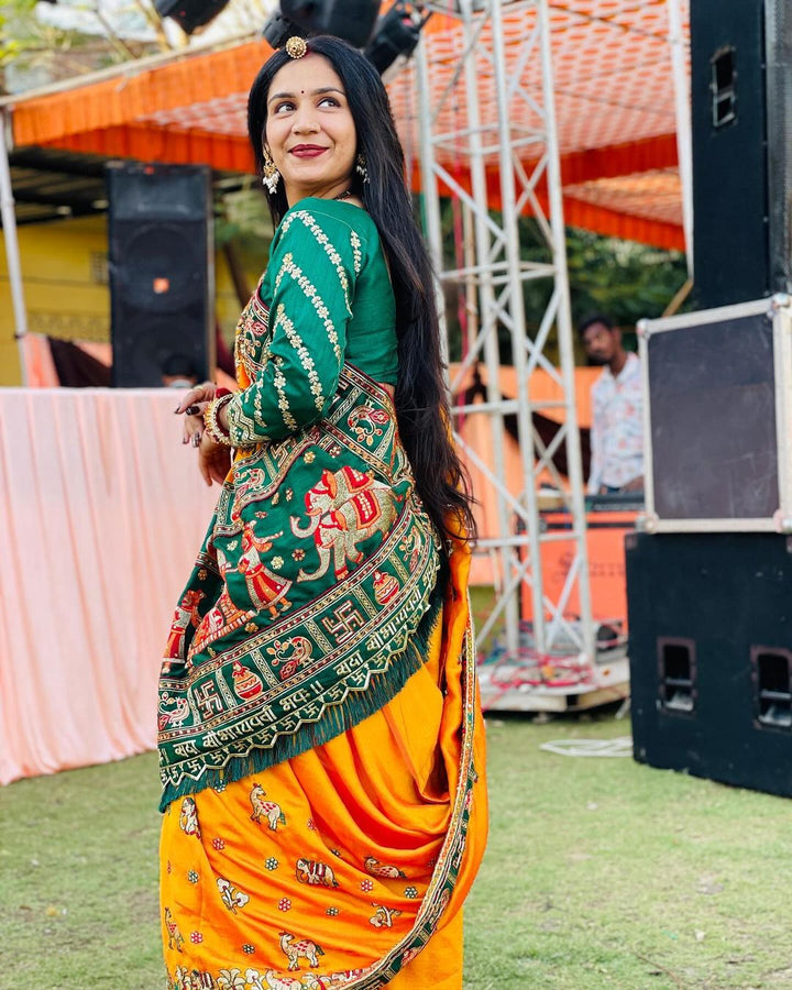Orange Yellow Green Colour Komal Soni Embroiderd Panter Patola Saree For Special Occasion