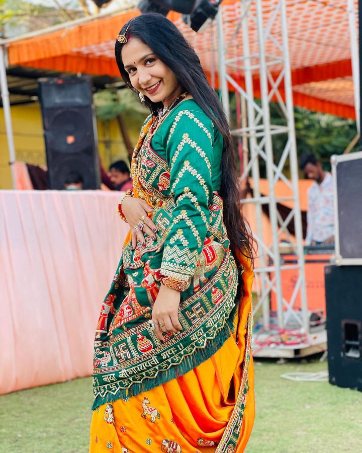 Orange Yellow Green Colour Komal Soni Embroiderd Panter Patola Saree For Special Occasion