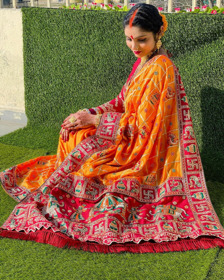 Orange Yellow Maroon Colour Sakshi Singh Embroiderd Panter Patola Saree For Special Occasion