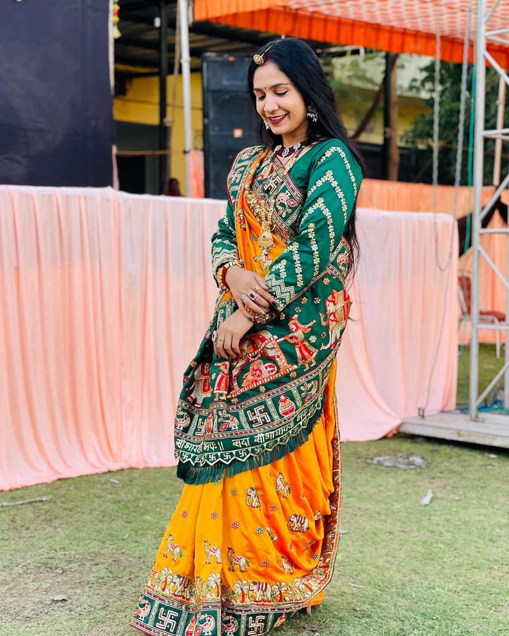 Orange Yellow Green Colour Komal Soni Embroiderd Panter Patola Saree For Special Occasion