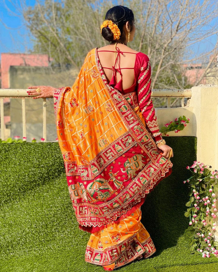 Orange Yellow Maroon Colour Sakshi Singh Embroiderd Panter Patola Saree For Special Occasion