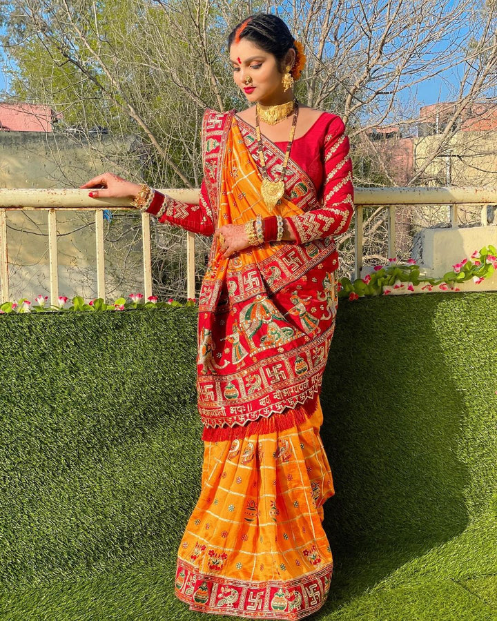 Orange Yellow Maroon Colour Sakshi Singh Embroiderd Panter Patola Saree For Special Occasion