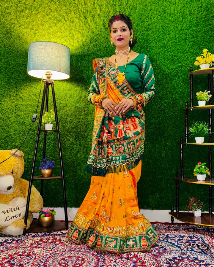 Orange Yellow Green Colour Komal Purbey Embroiderd Panter Patola Saree For Special Occasion