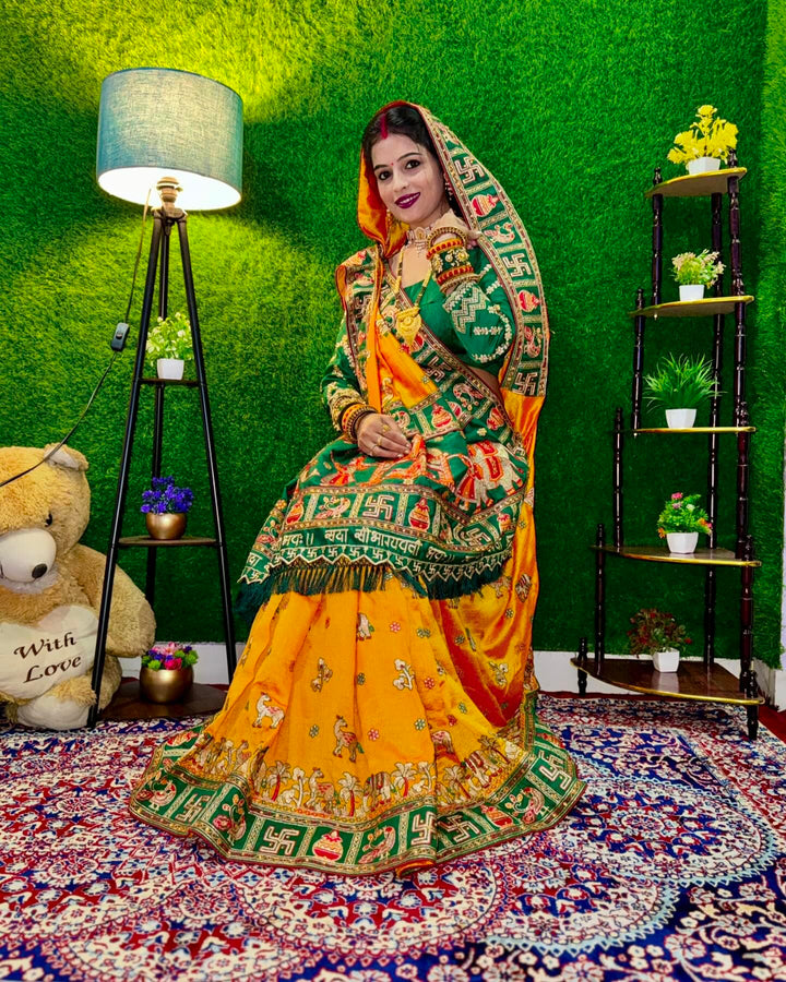 Orange Yellow Green Colour Komal Purbey Embroiderd Panter Patola Saree For Special Occasion