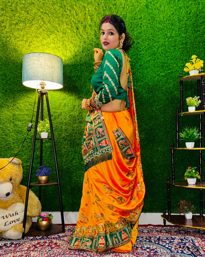 Orange Yellow Green Colour Komal Purbey Embroiderd Panter Patola Saree For Special Occasion