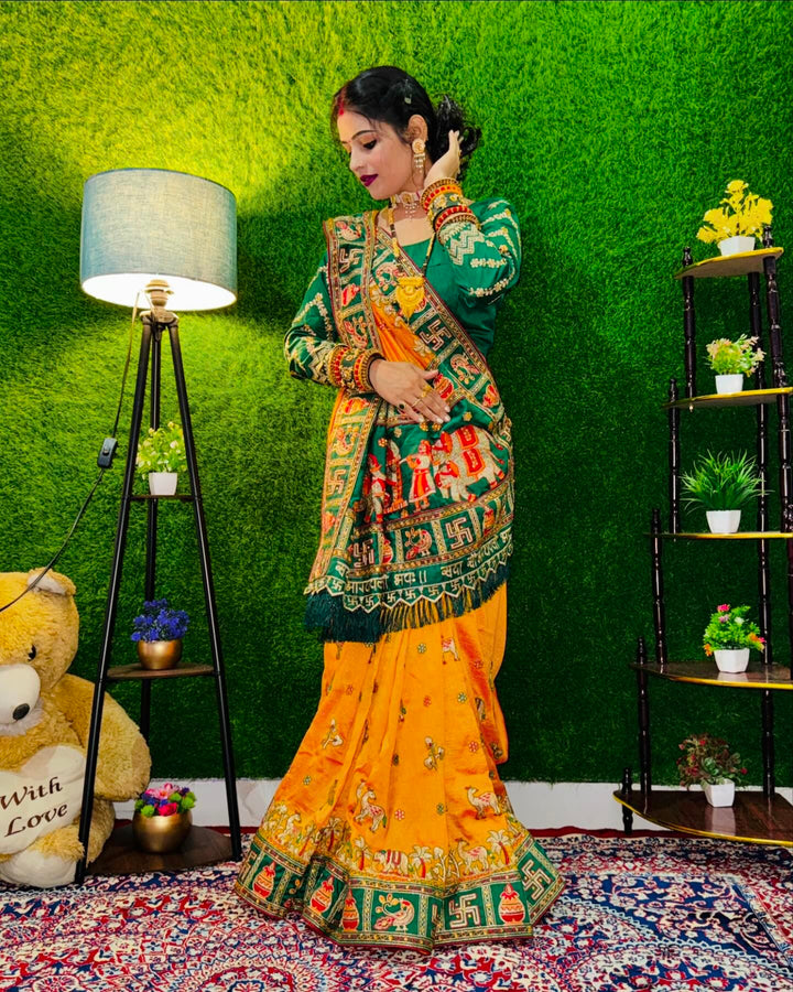 Orange Yellow Green Colour Komal Purbey Embroiderd Panter Patola Saree For Special Occasion