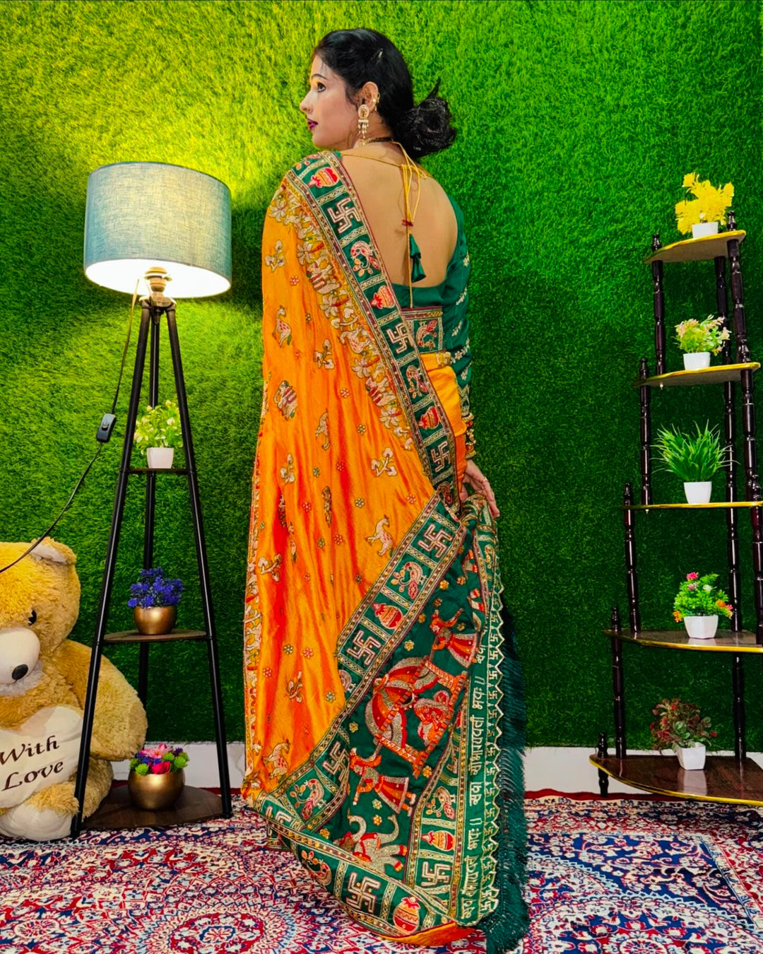 Orange Yellow Green Colour Komal Purbey Embroiderd Panter Patola Saree For Special Occasion