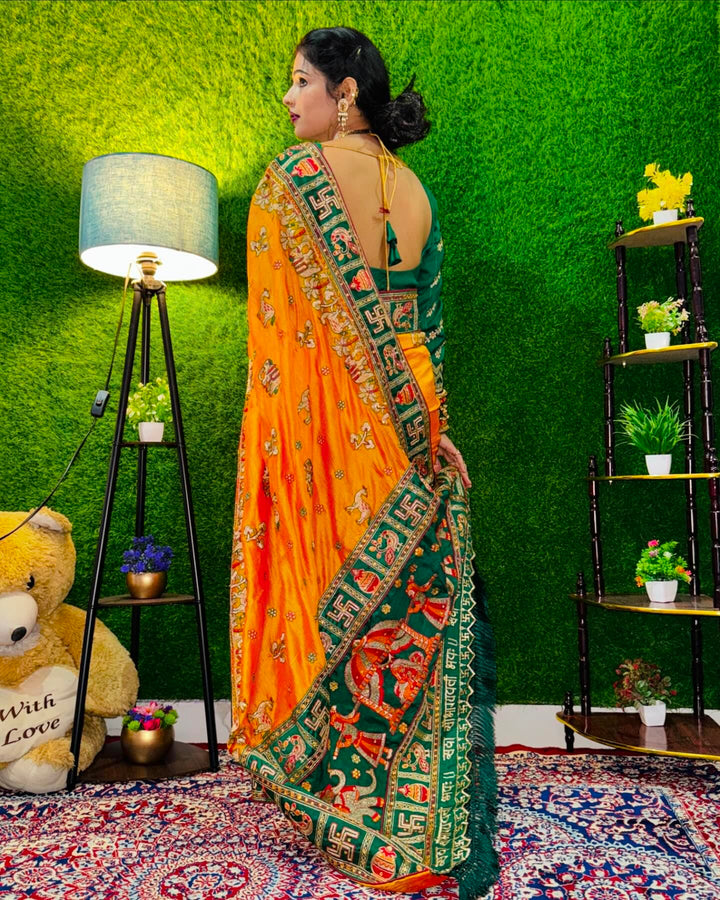Orange Yellow Green Colour Komal Purbey Embroiderd Panter Patola Saree For Special Occasion