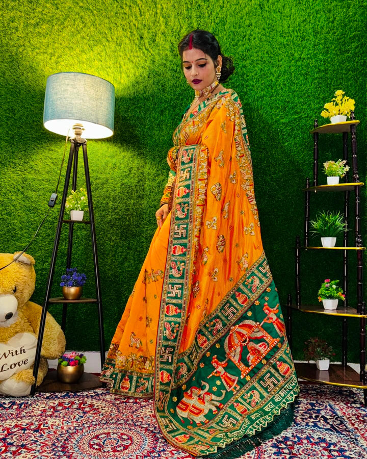 Orange Yellow Green Colour Komal Purbey Embroiderd Panter Patola Saree For Special Occasion