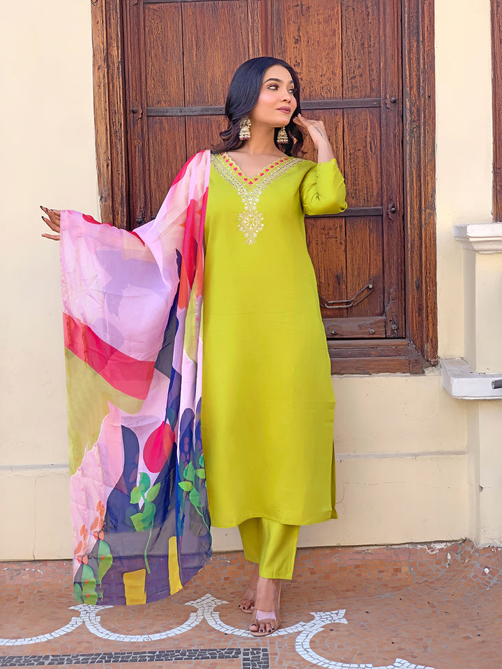 Lemon Yellow Color Rayon Kurti Embroidery With Pant And Dupatta Set
