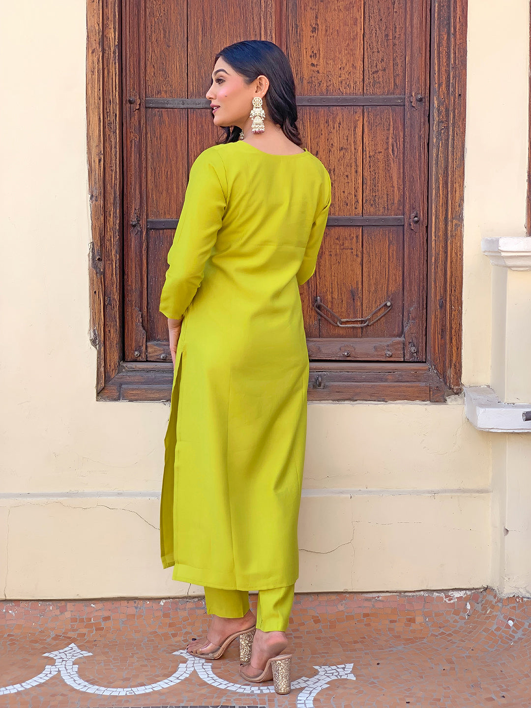 Lemon Yellow Color Rayon Kurti Embroidery With Pant And Dupatta Set