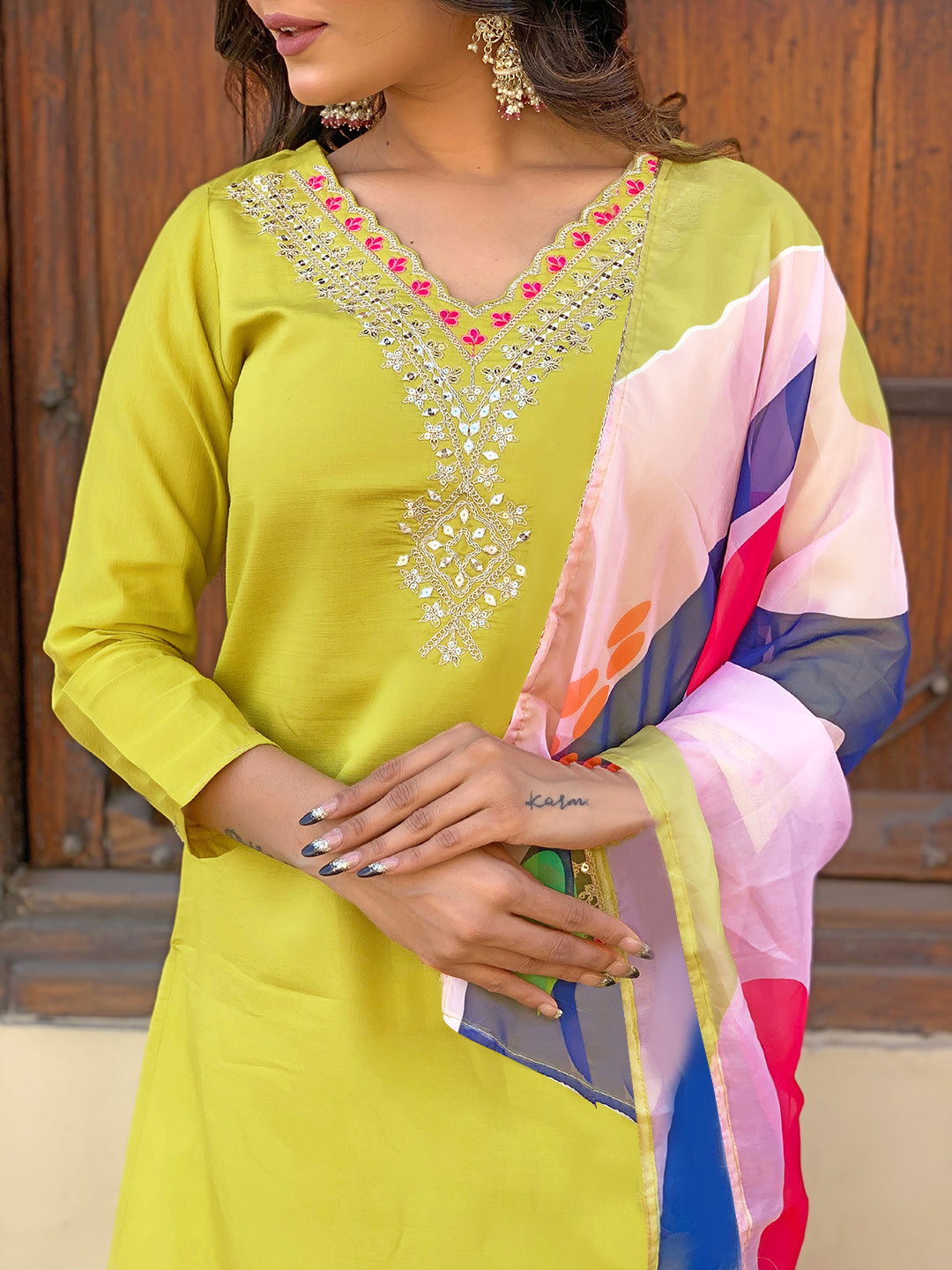 Lemon Yellow Color Rayon Kurti Embroidery With Pant And Dupatta Set