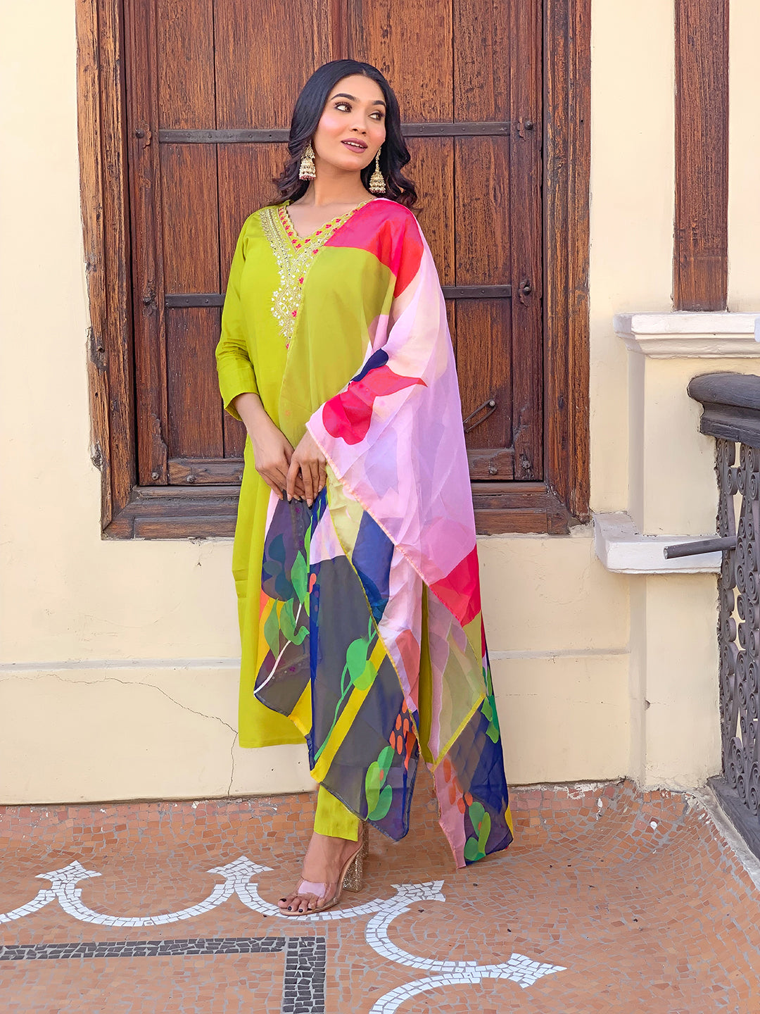 Lemon Yellow Color Rayon Kurti Embroidery With Pant And Dupatta Set