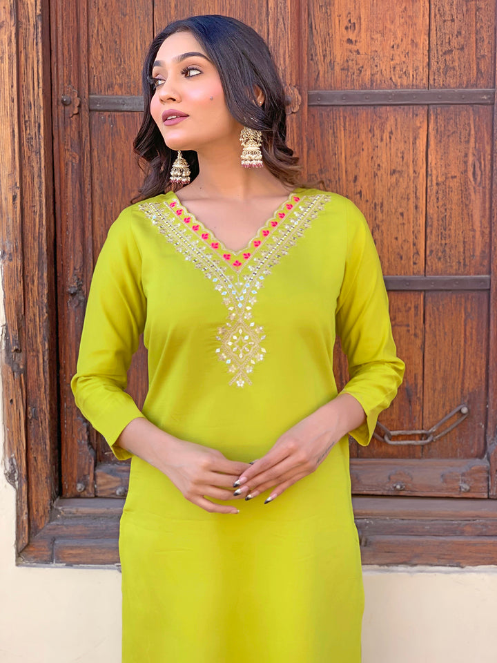 Lemon Yellow Color Rayon Kurti Embroidery With Pant And Dupatta Set
