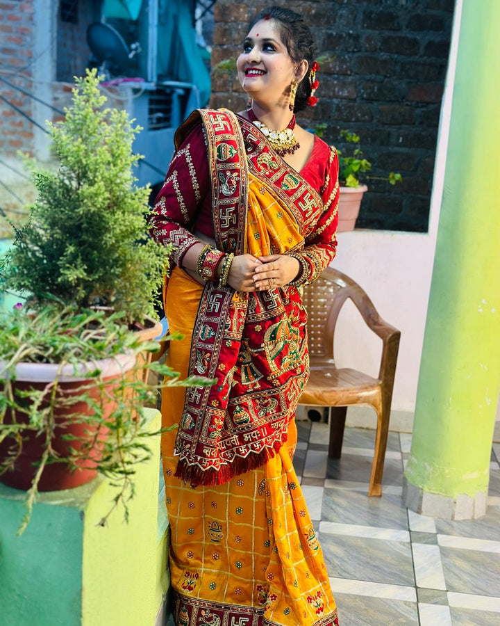 Orange Yellow Maroon Colour Kitto Jaiswal Embroiderd Panter Patola Saree For Special Occasion