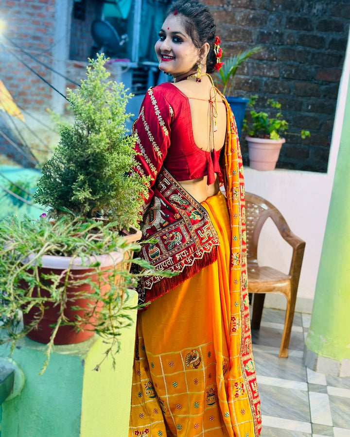 Orange Yellow Maroon Colour Kitto Jaiswal Embroiderd Panter Patola Saree For Special Occasion