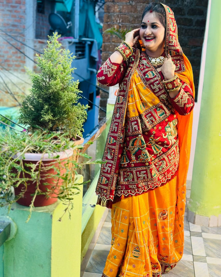 Orange Yellow Maroon Colour Kitto Jaiswal Embroiderd Panter Patola Saree For Special Occasion