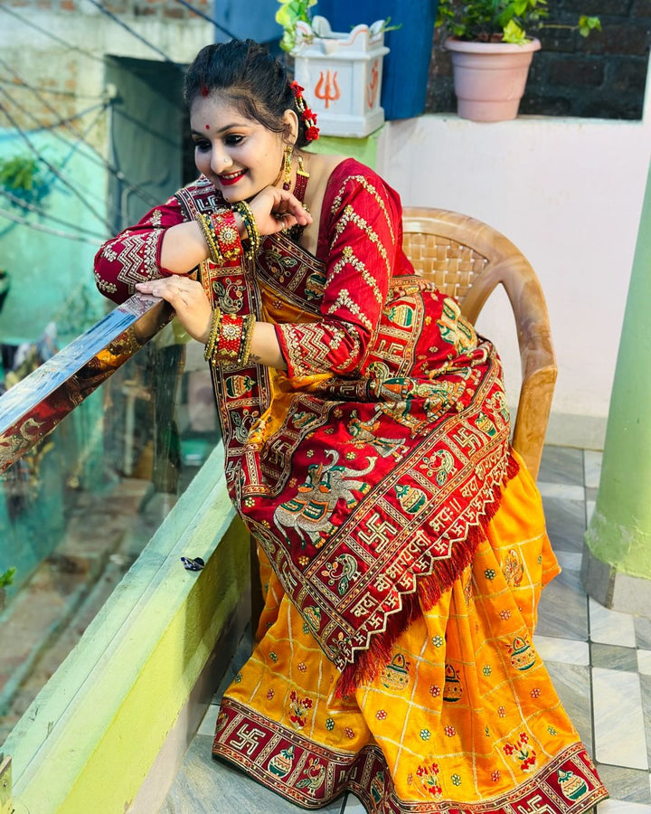 Orange Yellow Maroon Colour Kitto Jaiswal Embroiderd Panter Patola Saree For Special Occasion