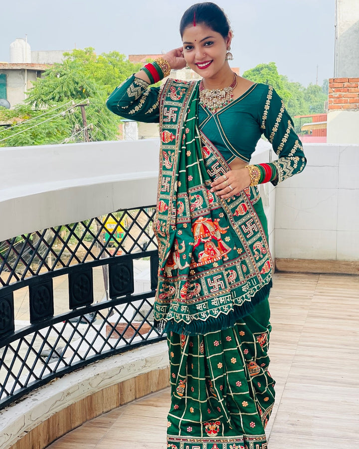 Abhiksha Green Colour Embroiderd Panter Patola Saree For Special Occasion