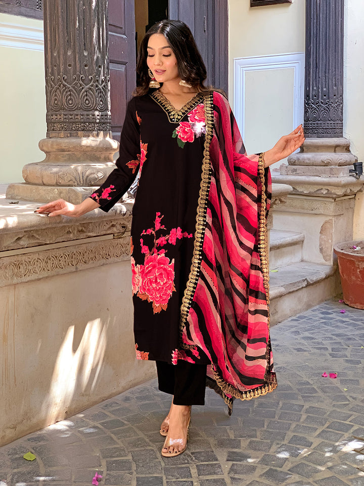 Lemon Color Muslin Kurti Embroidery With Pant And Dupatta Set