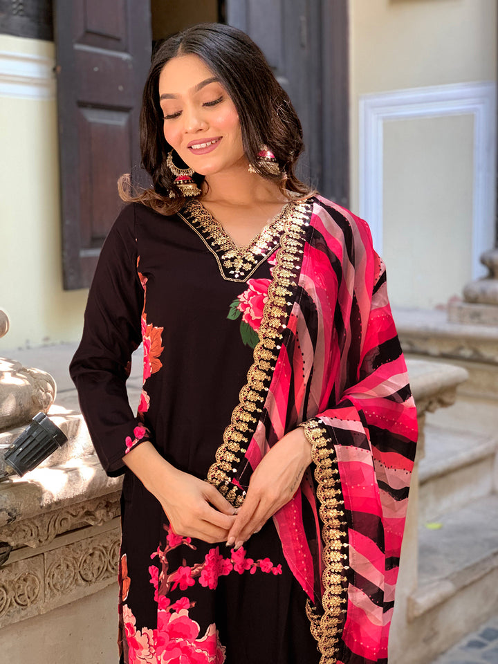 Lemon Color Muslin Kurti Embroidery With Pant And Dupatta Set