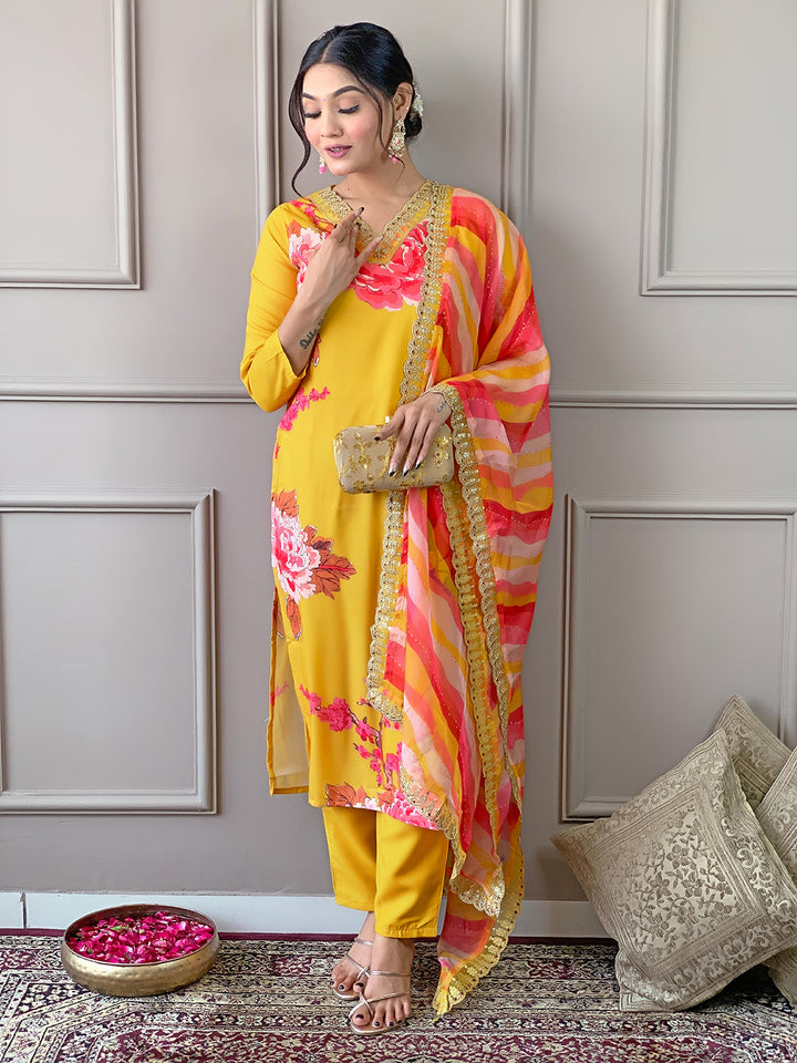 Yellow Color Muslin Kurti Embroidery With Pant And Dupatta Set