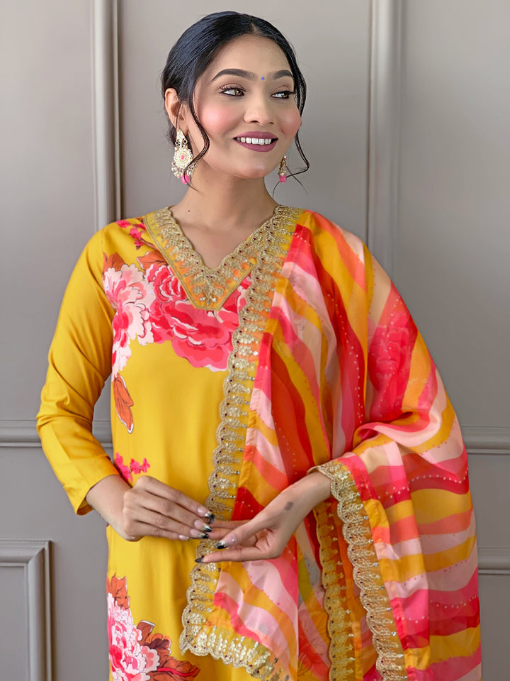 Yellow Color Muslin Kurti Embroidery With Pant And Dupatta Set