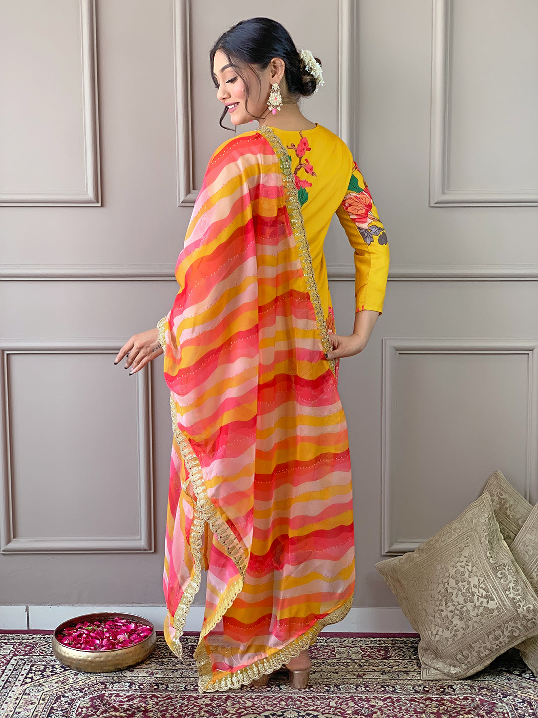 Yellow Color Muslin Kurti Embroidery With Pant And Dupatta Set