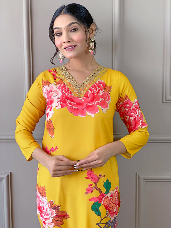 Yellow Color Muslin Kurti Embroidery With Pant And Dupatta Set