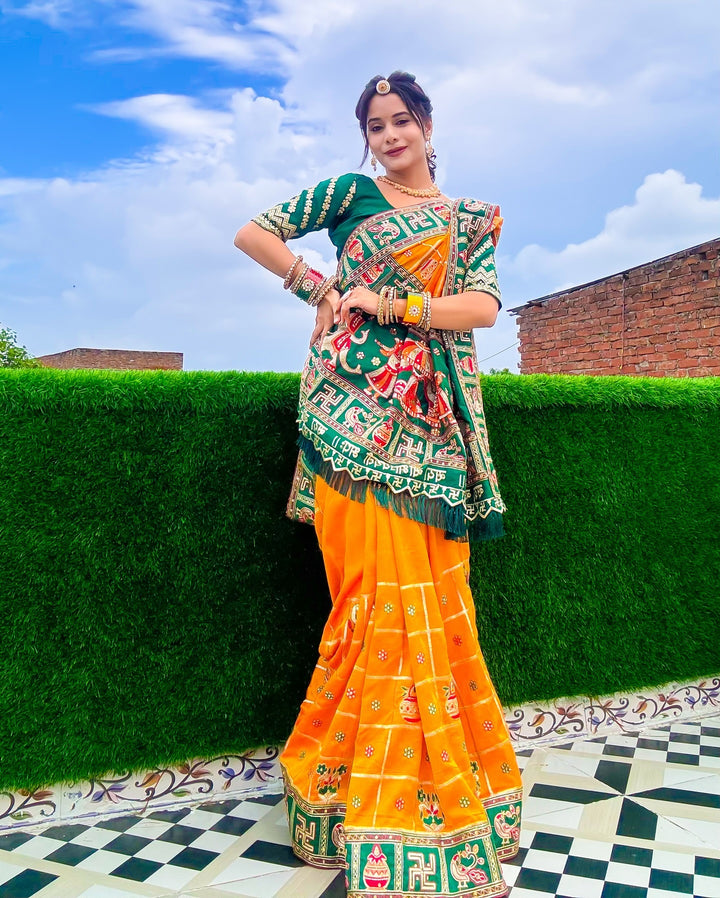 Orange Yellow Green Colour Priyanka Sharma Embroiderd Panter Patola Saree For Special Occasion