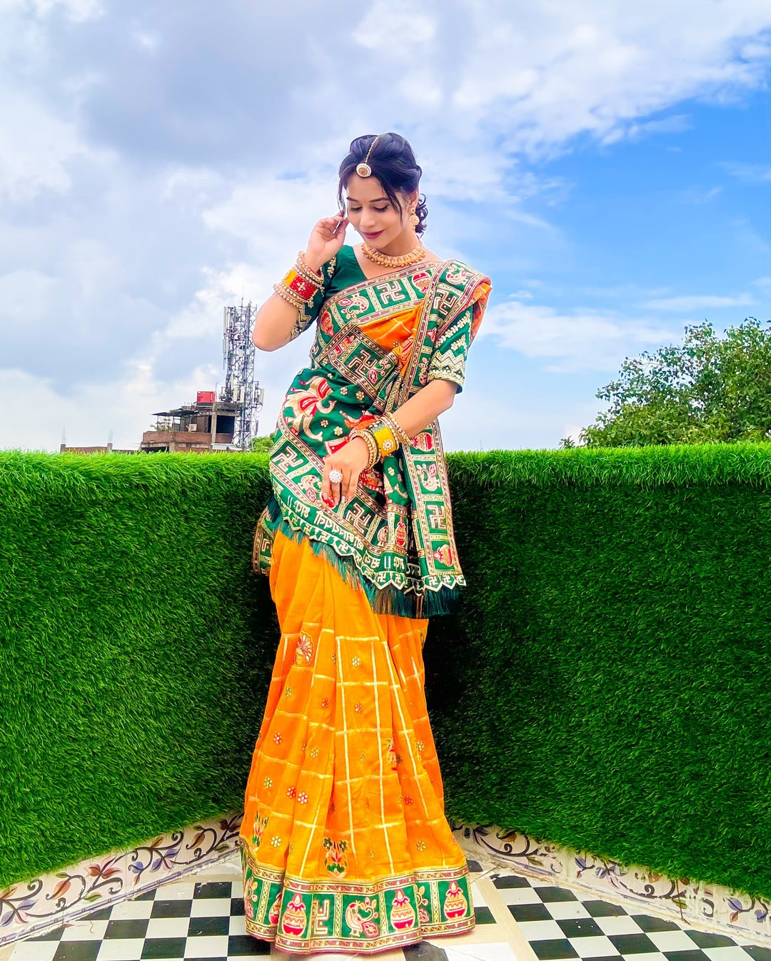 Orange Yellow Green Colour Priyanka Sharma Embroiderd Panter Patola Saree For Special Occasion