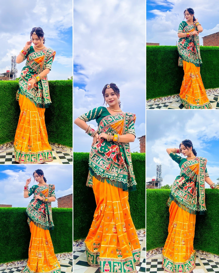 Orange Yellow Green Colour Priyanka Sharma Embroiderd Panter Patola Saree For Special Occasion