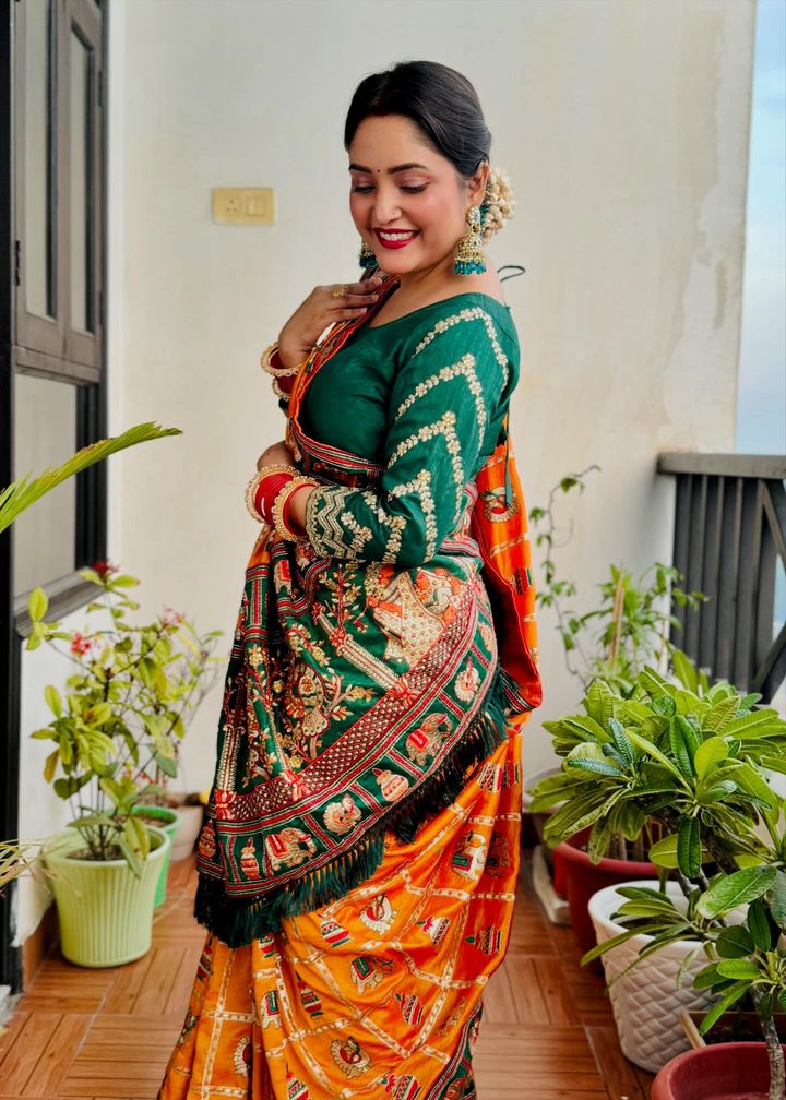 Kaira Orange Yellow Green Embroiderd Panter Patola Saree With Blouse
