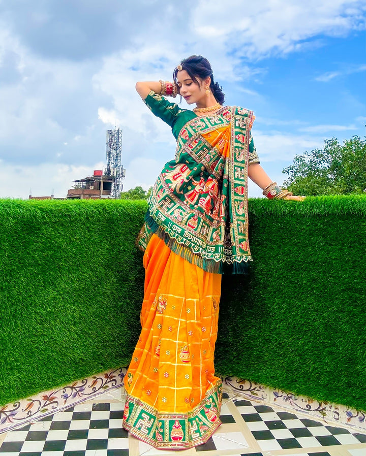 Orange Yellow Green Colour Priyanka Sharma Embroiderd Panter Patola Saree For Special Occasion