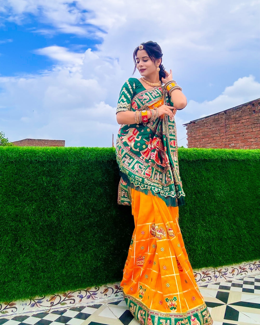 Orange Yellow Green Colour Priyanka Sharma Embroiderd Panter Patola Saree For Special Occasion