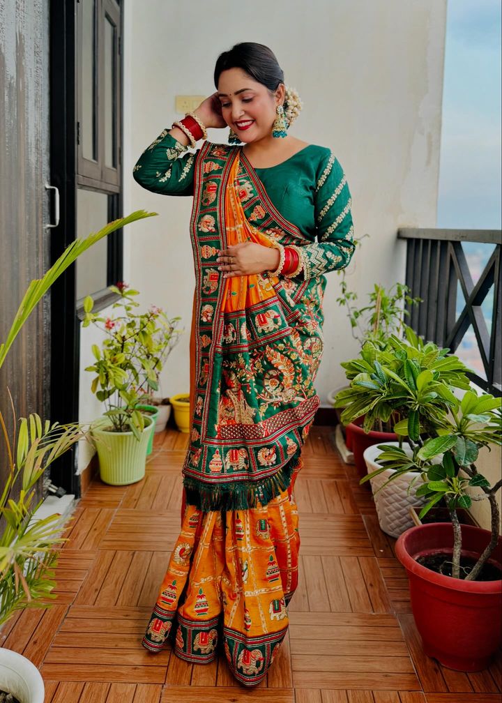 Kaira Orange Yellow Green Embroiderd Panter Patola Saree With Blouse