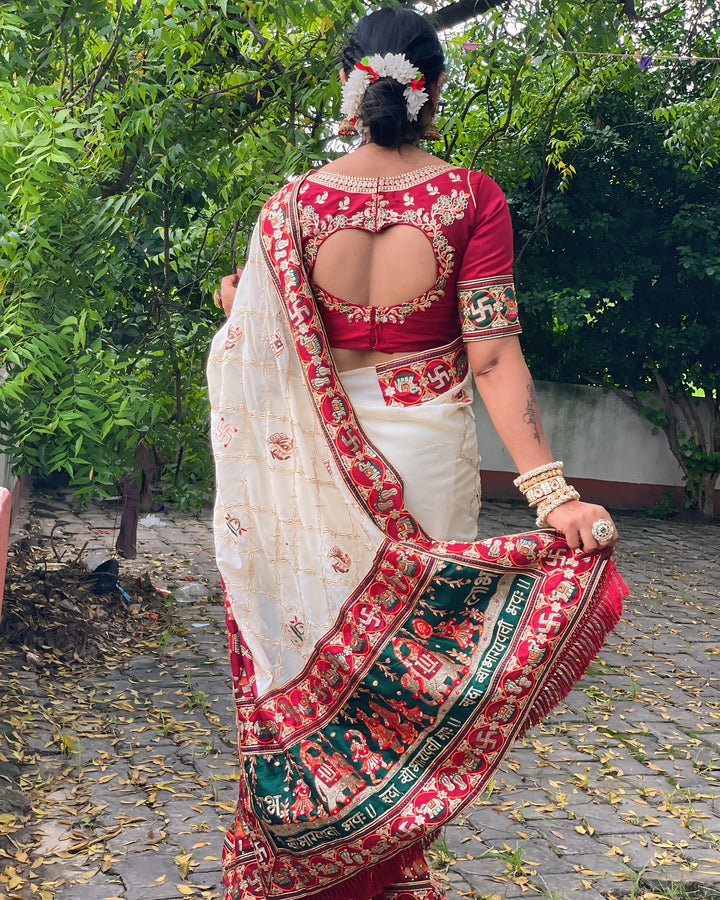 Shubh Laabh Off White Panetar Patola Saree | Wedding | Special Occasion | Puja | Baby Shower