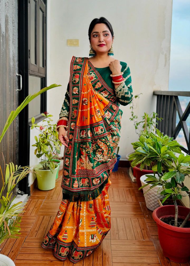 Kaira Orange Yellow Green Embroiderd Panter Patola Saree With Blouse
