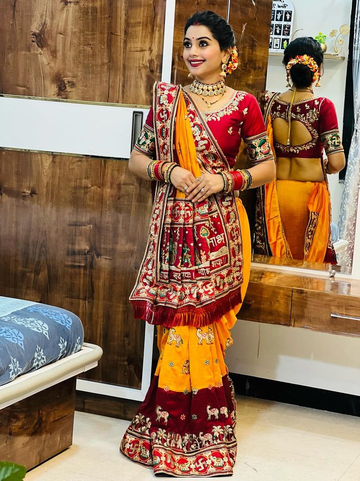 Shubh Laabh Orange Yellow Panetar Patola Saree | Wedding | Special Occasion | Puja | Baby Shower