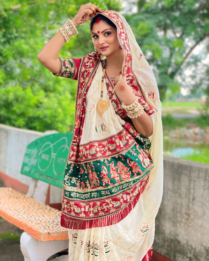 Shubh Laabh Off White Panetar Patola Saree | Wedding | Special Occasion | Puja | Baby Shower