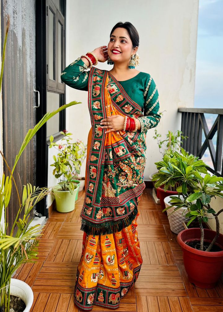 Kaira Orange Yellow Green Embroiderd Panter Patola Saree With Blouse