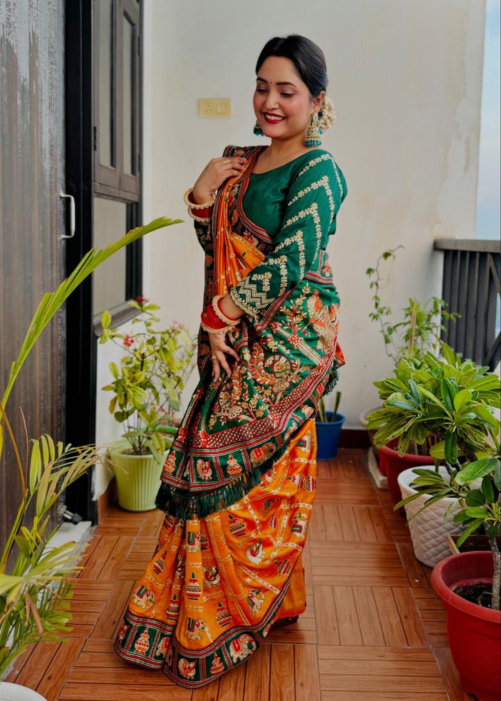Kaira Orange Yellow Green Embroiderd Panter Patola Saree With Blouse