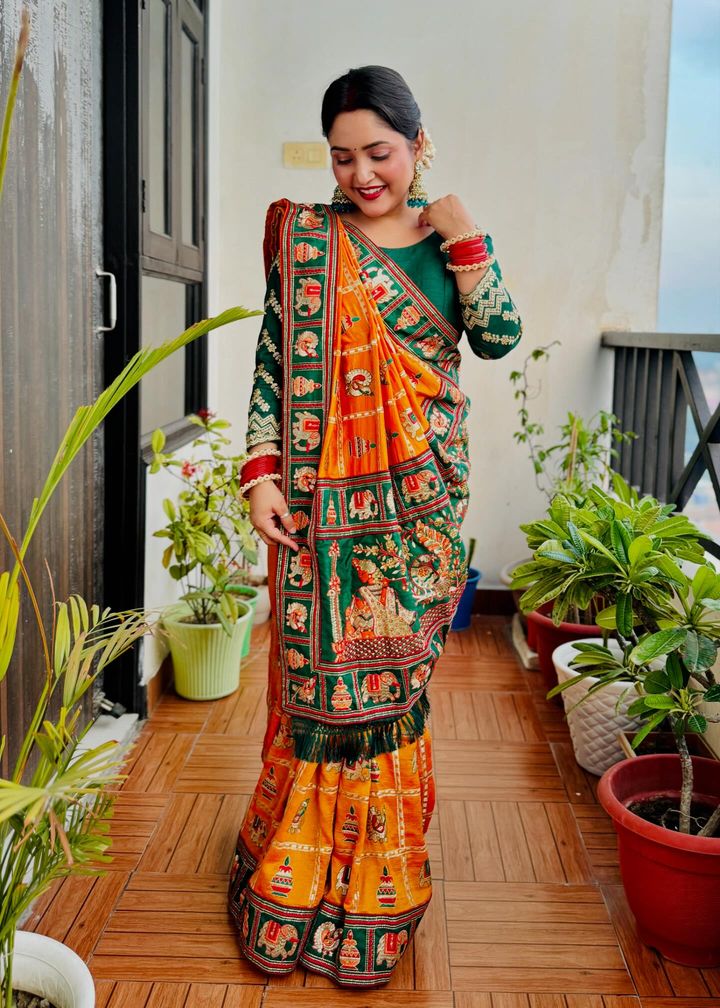 Kaira Orange Yellow Green Embroiderd Panter Patola Saree With Blouse