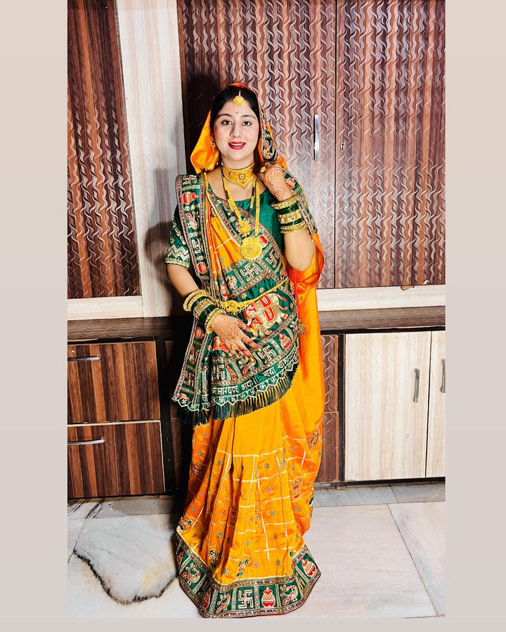 Orange Yellow Green Colour Embroiderd Panter Patola Saree For Special Occasion