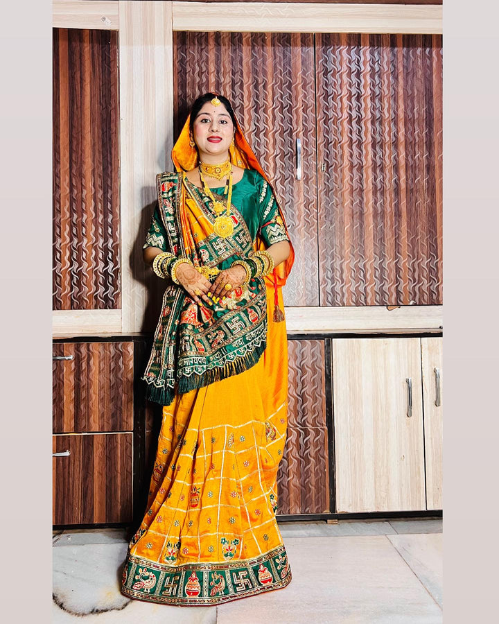 Orange Yellow Green Colour Embroiderd Panter Patola Saree For Special Occasion