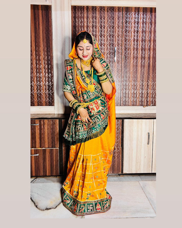 Orange Yellow Green Colour Embroiderd Panter Patola Saree For Special Occasion